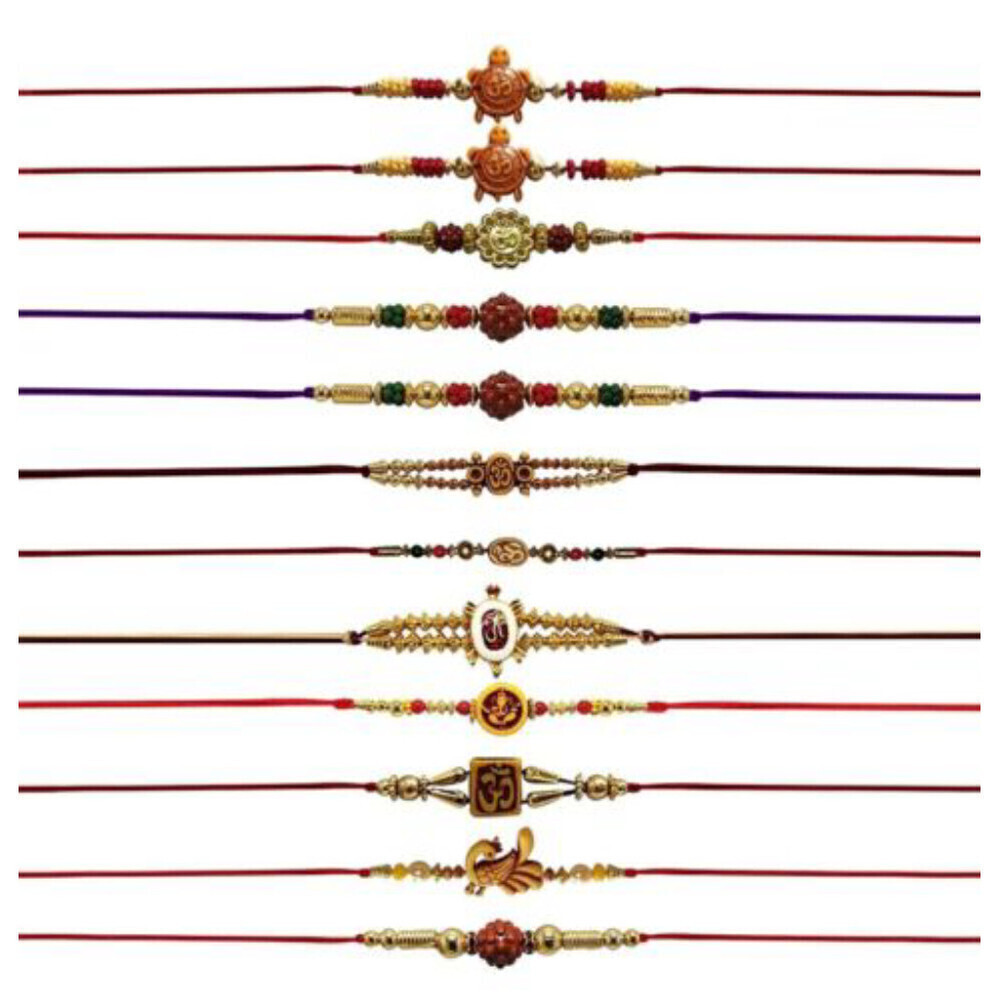 Assorted Stylish Raksha Bandhan Dora Rakhi With Roli & Chawal Set Of 12 Multi